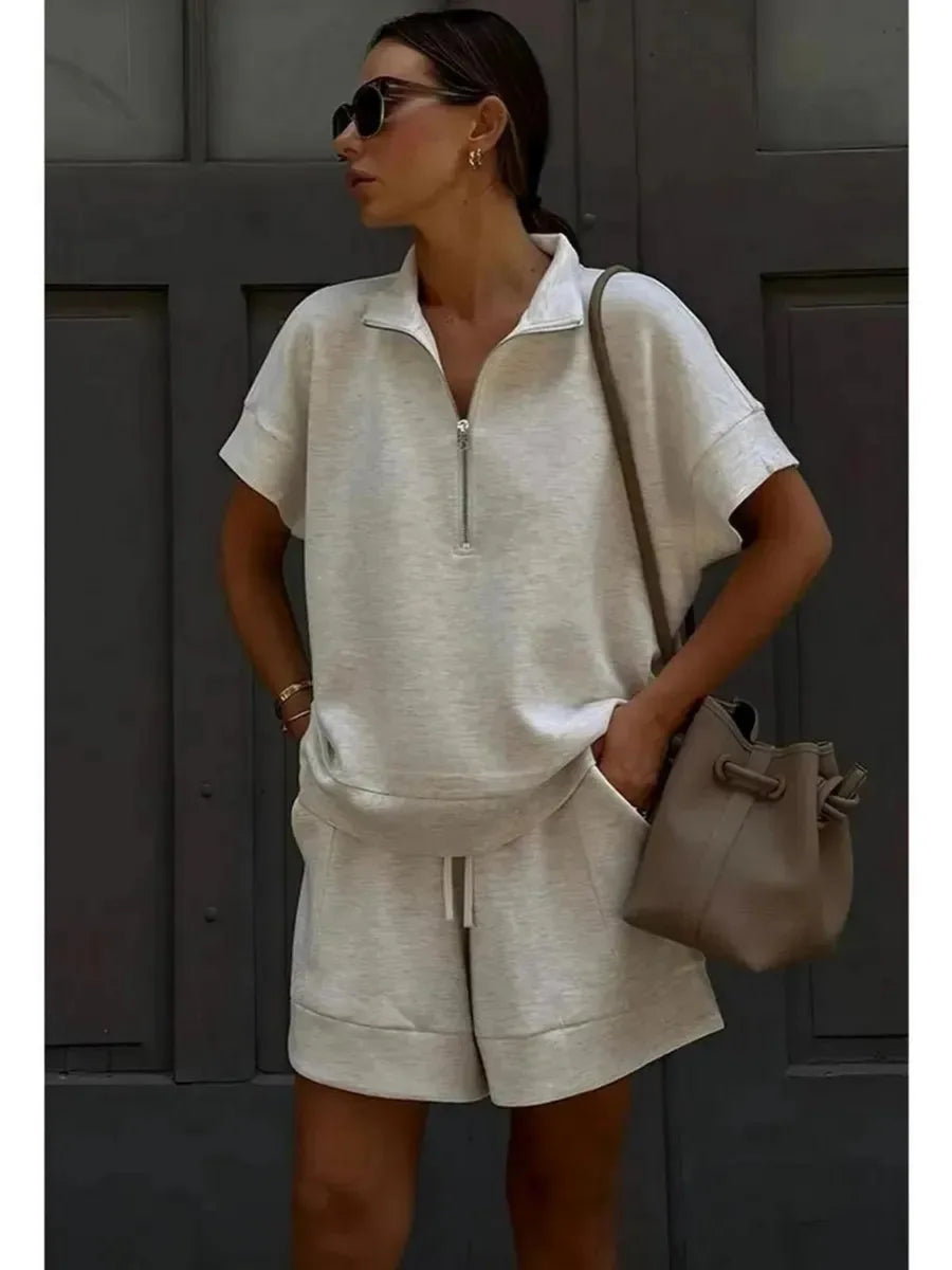 2026 Summer New Long-sleeved Shorts Sweater Set Solid Color Fashion Casual Short 2-piece Set