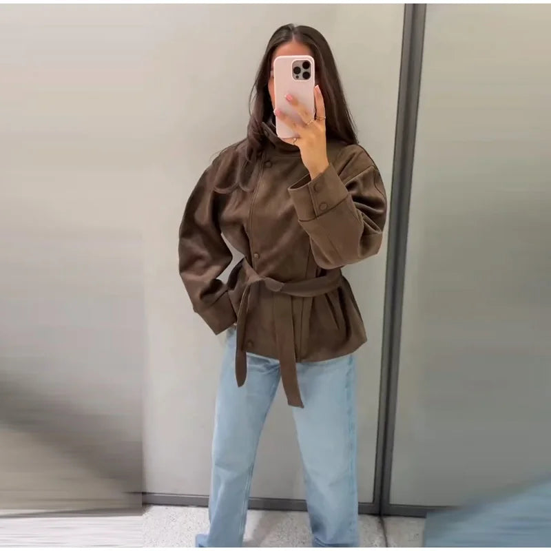 Faux Suede Women Winter Jacket Belted Waist Autumn Coat Stand Collar Short Jacket Cargo Jacket Daily Commute Wear Street Style