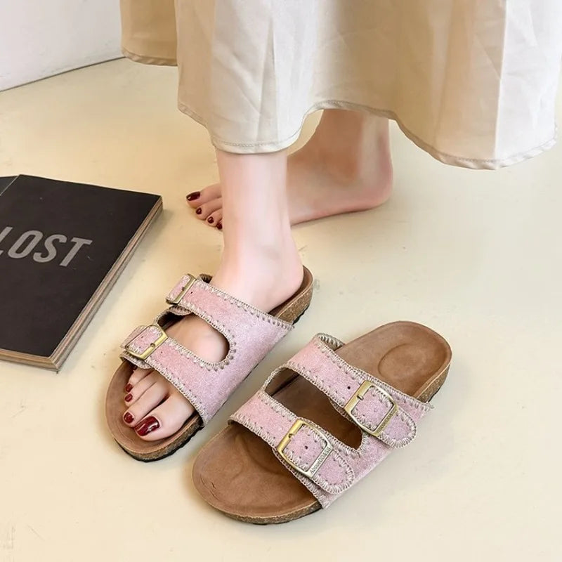 Women's Flat Slide Sandals Open Toe Suede Look Double Buckle Strap Slip on Whipstitch Detail Casual Summer Daily Walking Shoes