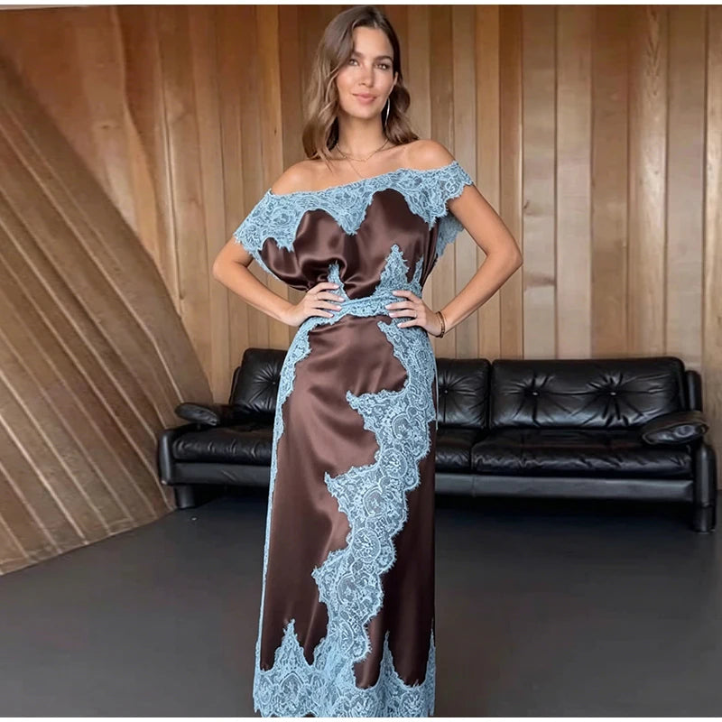 Elegant Lace Patchwork Long Women's Dress Urban Skew-collar Short Sleeve Empire Female Dresses 2026 Summer Vacation Lady Robe