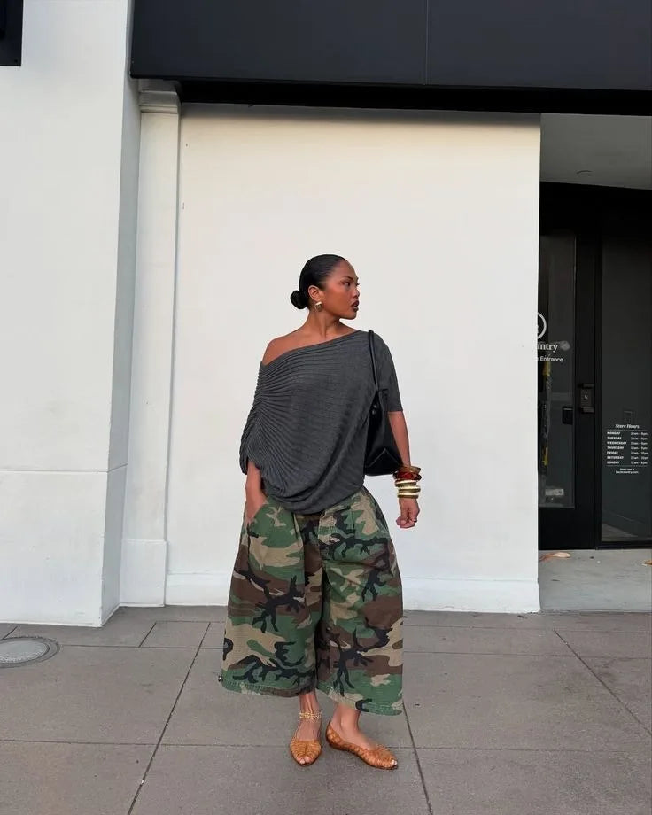 Women's Camouflage Wide Leg Pants Loose Casual High Waist Trousers Vintage Pockets Cropped Pants 2025 Streetwear Harajuku Capris