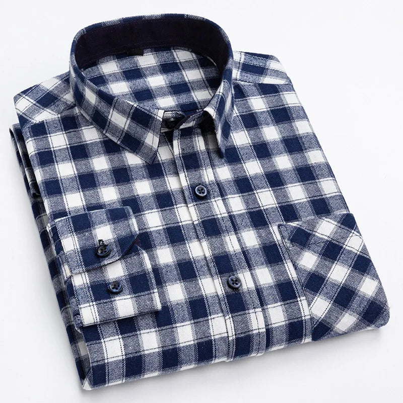Classic Retro Plaid Flannel Shirt Long Sleeve 100% Cotton Fashion Casual Soft Spring Autumn Winter Standard Pocket Men's Shirt