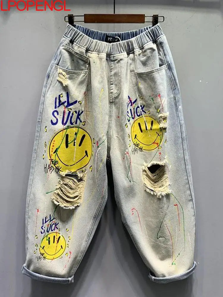 2025 Fashion Printed Ripped Distressed Streetwear Jeans Women's Summer New High-waisted Loose Straight-leg Versatile Harem Pants