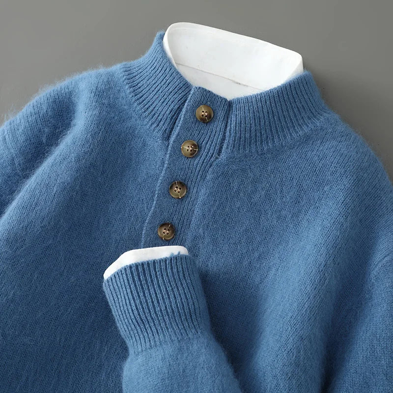 Men's Thicken 100%Pure Mink Cashmere Sweater Youth Button Semi-High Neck Loose Knit Pullovers Autumn and Winter Warm Base Shirt