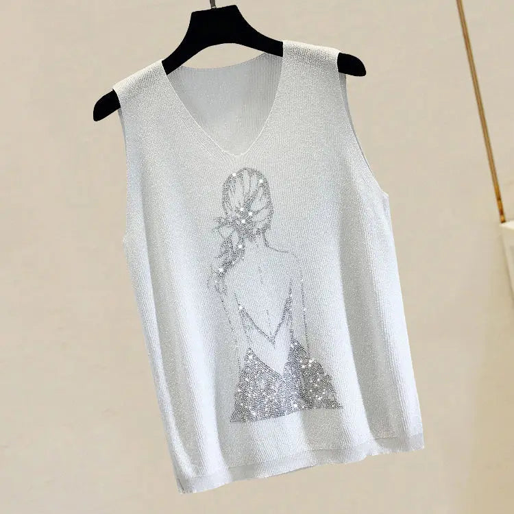 2025 Summer Hot Rhinestone Sleeveless Vest Women's Spring New Style V-neck Loose All-match Sling Knitted Top Girl T-shirt Green