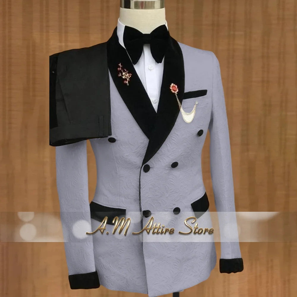 Luxury Wedding Attire for Men Tailored White Jacquard Suit with Black Velvet Shawl Lapel Accents for Grooms & Bridal Party 2PCS