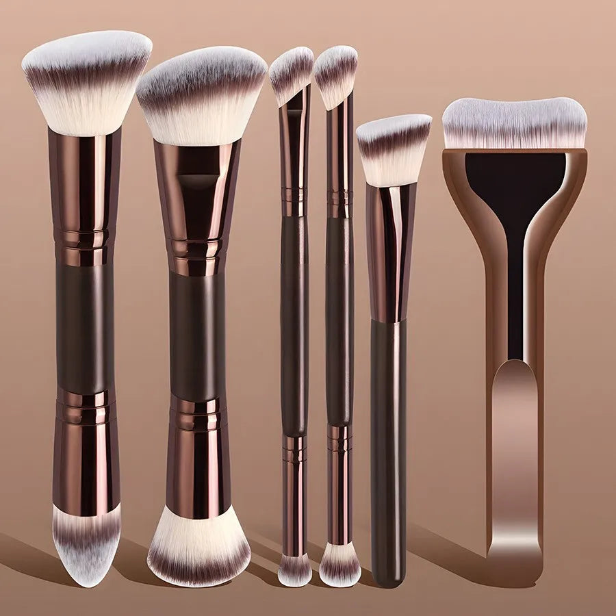 Large Dual-Ended Makeup Brush Set 6 Pcs Ultra-Soft Synthetic Foundation Blush Contour Powder Brushes, Professional Travel Makeup