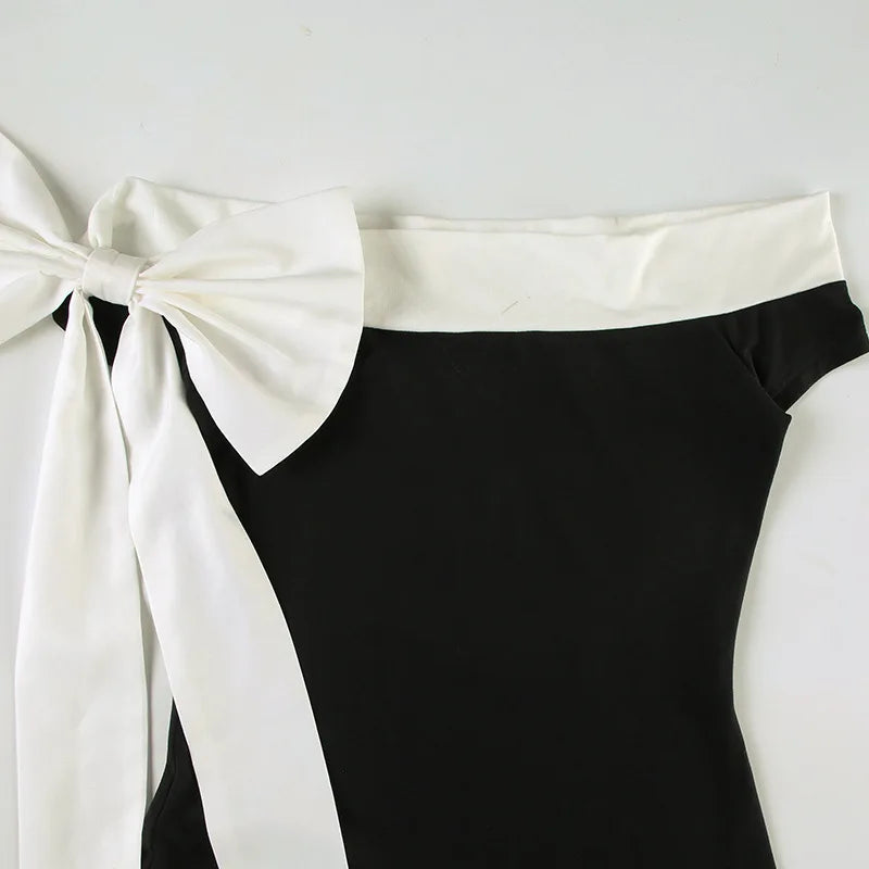 Hmsevenjz Black and White Bow Off Shoulder Long Dress for Women's Summer Sexy Slim Fit Short-sleeved Elegant Dress