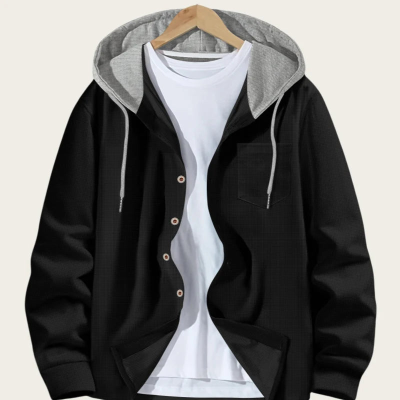 Korean Waffle Hooded Cardigans for Men Spring Autumn Contrast Color Single Breasted Hoodies Breathable Casual Lightweight Jacket