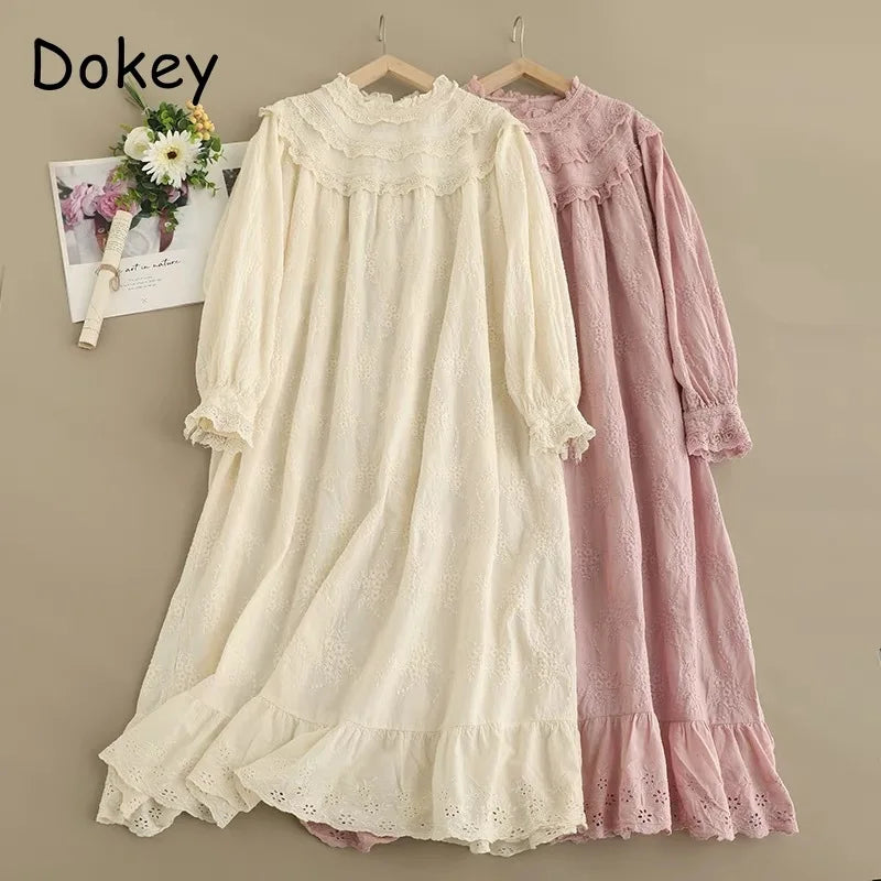 Vintage Embroidery Hollow Out Cotton Linen Dress Women Spring Mori Girl Lace Ruffled Casual Long Sleeve Loose Pullover Vestidos