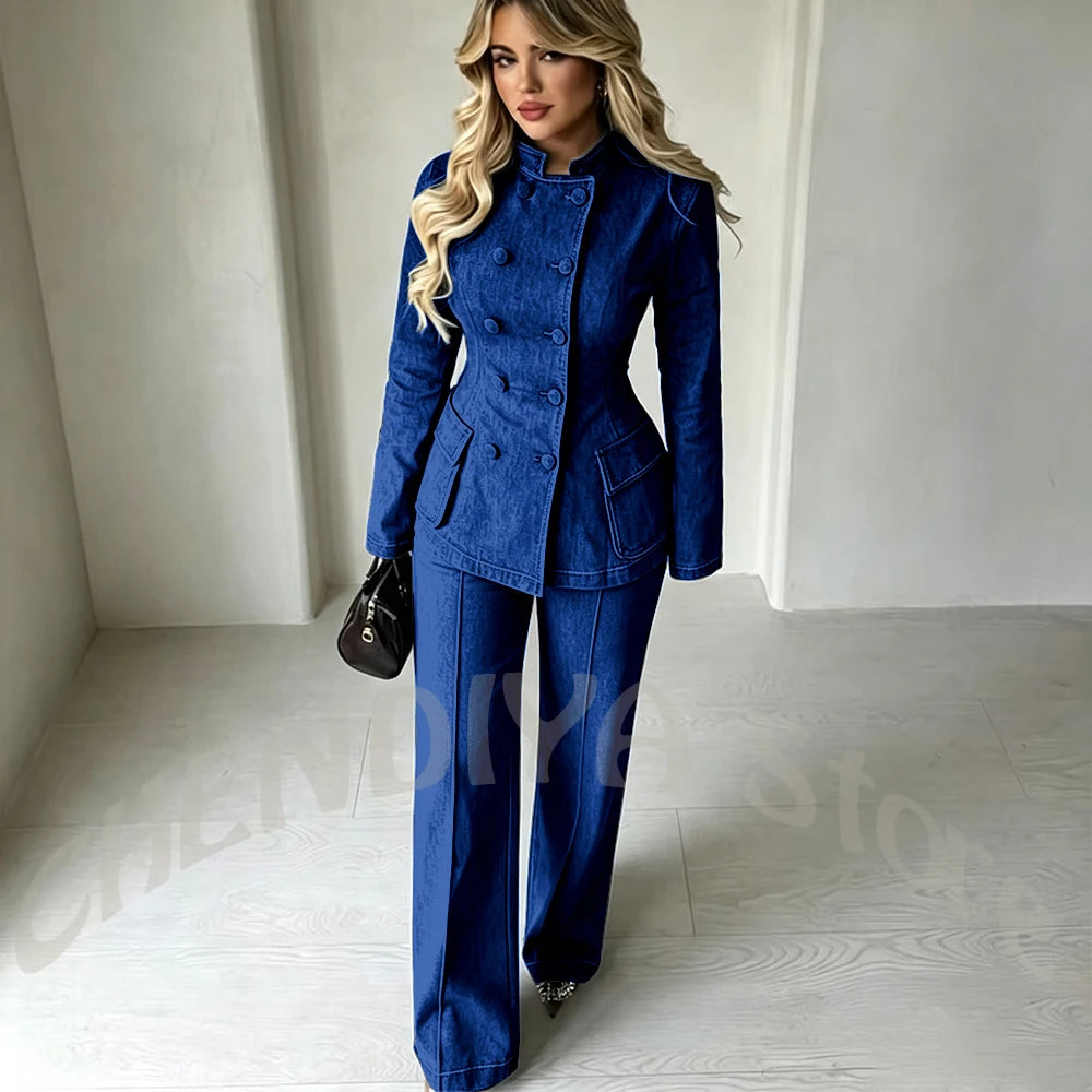 Women‘s Dark Blue Denim 2-Piece Suit Set Tailored Double Breasted Stand Collar Smart Casual Streetwear Chic Daily Outfits