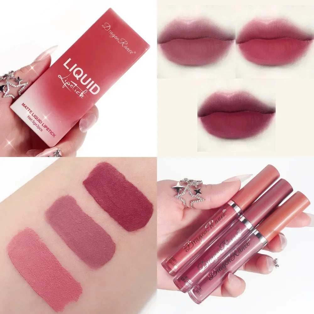 3Pcs Sexy Liquid Lipstick Set Matte Velvet Lip Gloss Bean Paste Lip Glaze Moisturize Long Lasting Lip Tint Makeup Cosmetic Kit