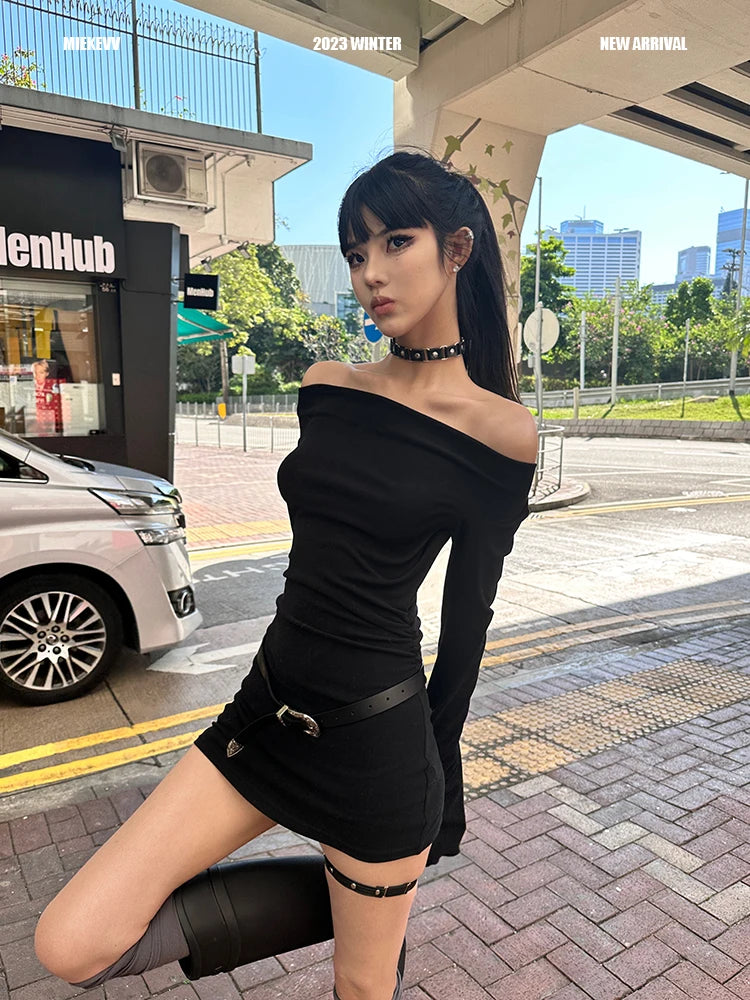 Seeslim Black Slim Sexy Mini Dress Women Long Sleeve Autumn Off Shoulder Korean Fashion 2000s Y2k Clothes Party Dresses Chic
