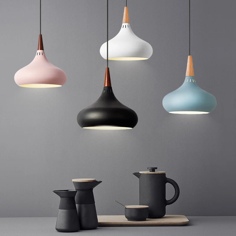 GEW Nordic Modern Funnel Pendant Light Wood Aluminum E27 Multi Color Hanging Lamp for Dining Kitchen Island Bedside