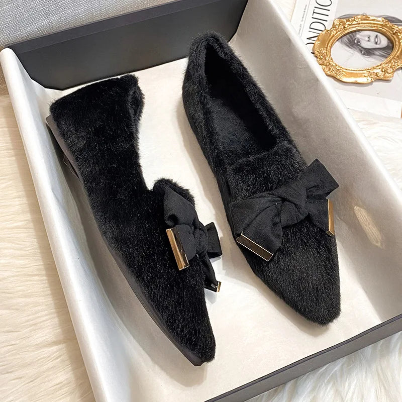 Flats Shoes for Women 2024 New Autumn Pointed Flat Mink Fur Winter Shoes Velvet Women's Loafers Ladies Shoes Plus Size 41 42 43