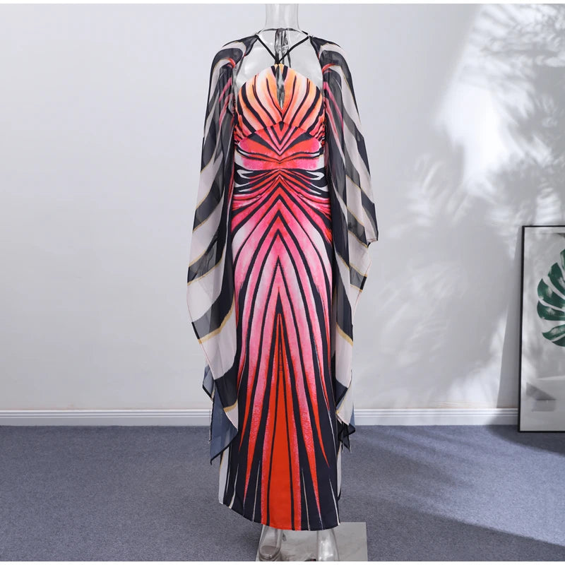 Sexy Printed Women's Dress Wide Sleeve Backless Waist-Closed Hip Package Lady Long Dresses 2026 Summer Autumn Chic Female Robe