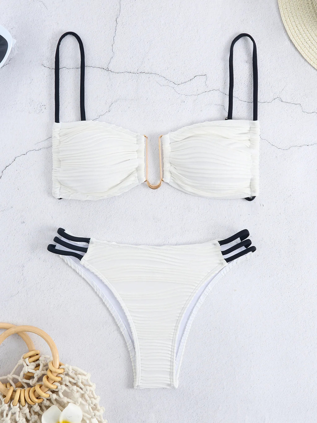 Women Color Block Bikini Set Swimsuit Metal Ring Front 2 Piece Bathing Suit Strappy High Cut Swimwear for Beach Pool Holiday