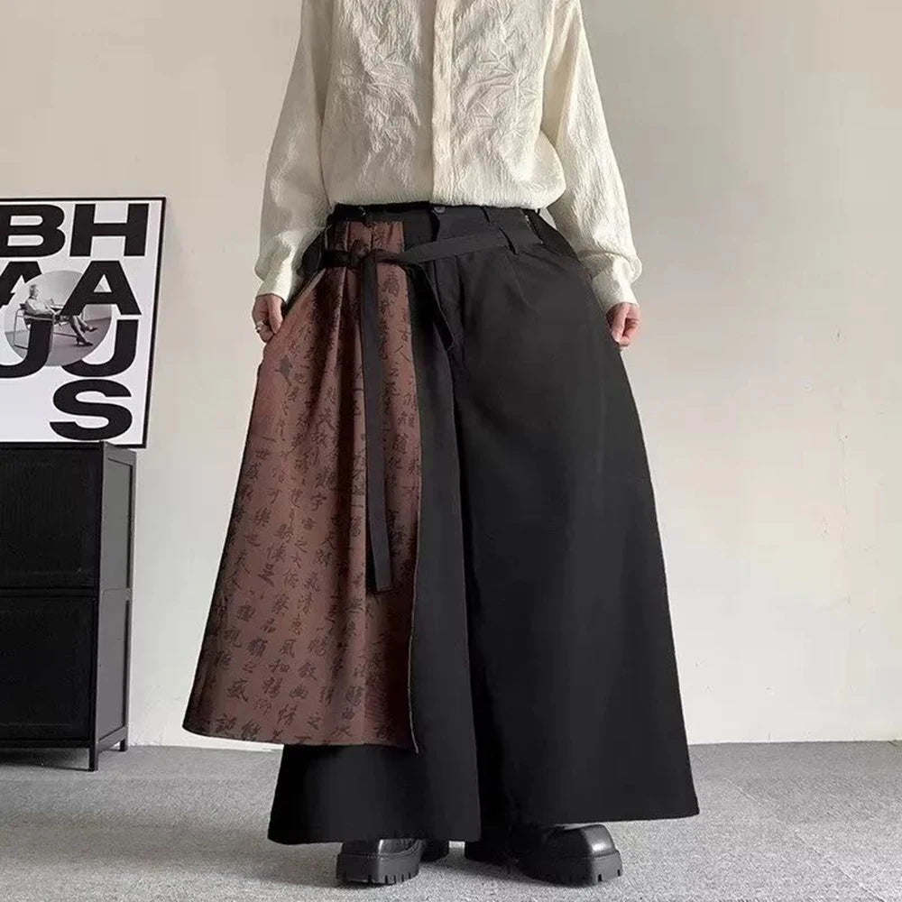 2026 Autumn Winter Mens Double Layer Chinese Calligraphy Splicing Irregular Culottes  Genderless Waist Strap Loose Wide Leg Pant