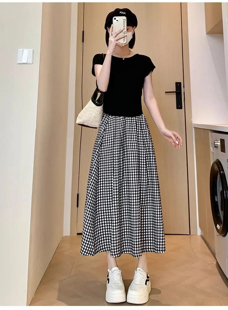 Black White Checkered A-line Skirt Women Summer Lightweight High Waisted Long Skirt for Petite Slimming Casual 2025 New