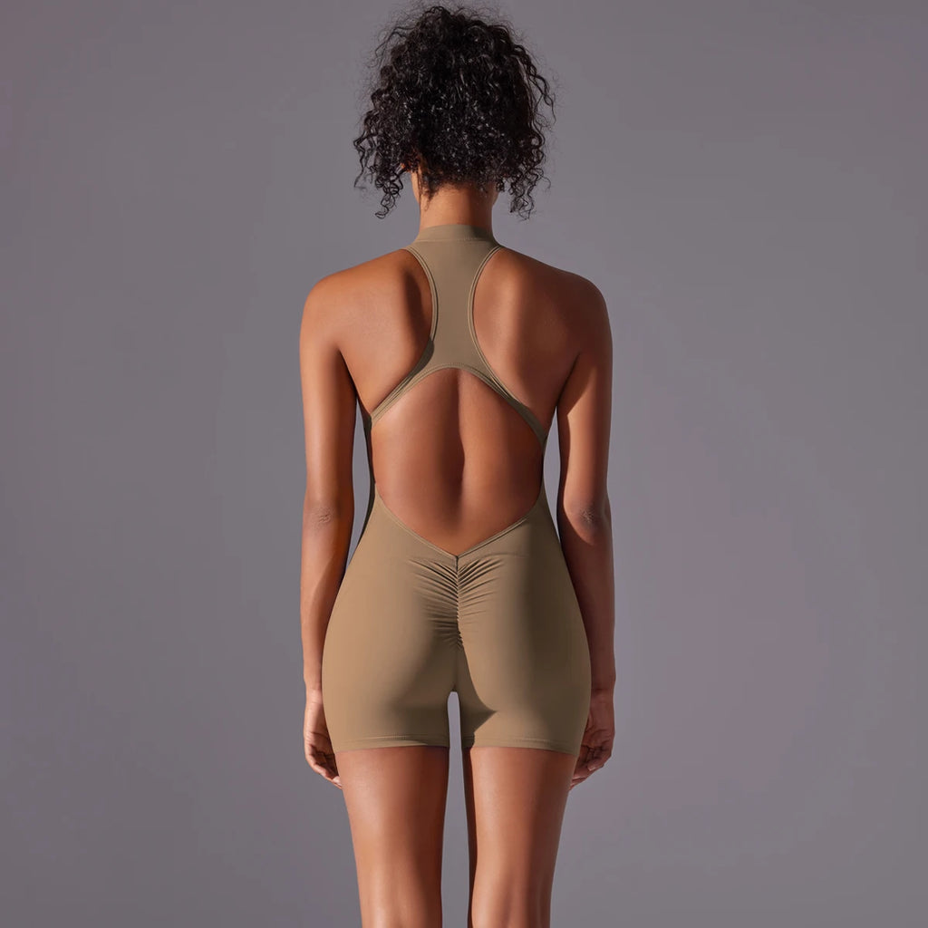 Half Zipper Women Bodysuits Gym Push Up Workout Clothes Backless Scrunch Fitness Sports Yoga Bodysuit Sleeveles Fitness Jumpsuit
