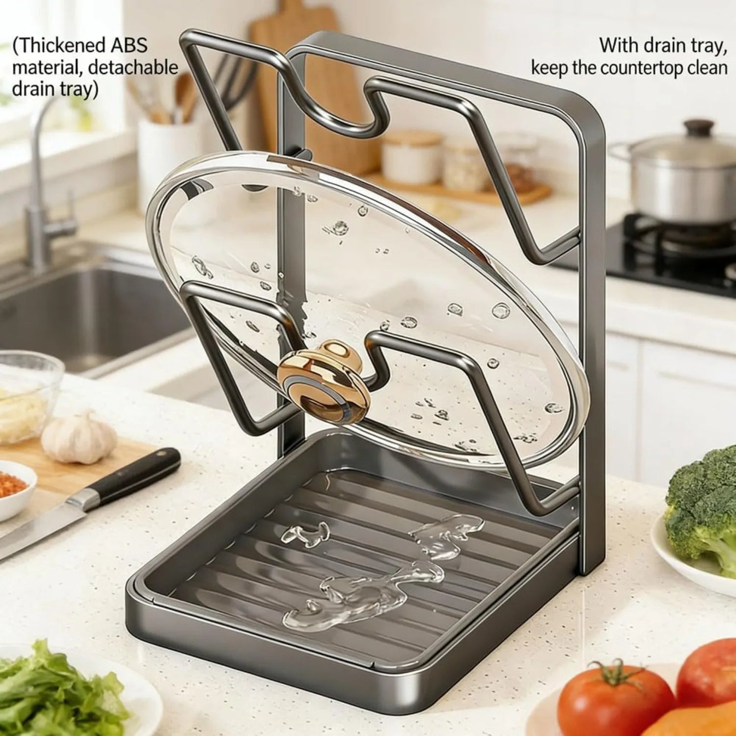 Kitchen Pot Lid Storage Rack, Pot Lid Holder While Cooking & Spoon Rest, Multifunctional Pot Lid Organizer with Removable Drip