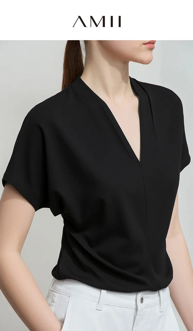 AMII Minimalism 2026 Summer Women's T-shirt Classic Style Casual V-neck Short Sleeve Solid Stretch Female Tops & Tees 12312013