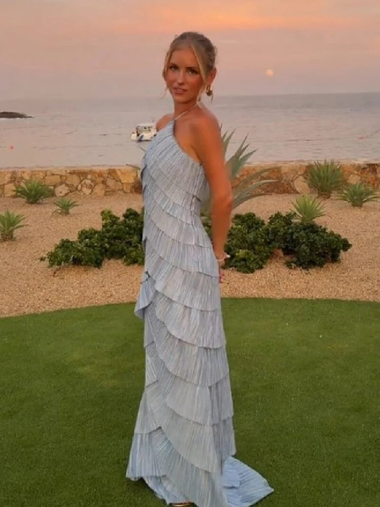 Bohemian Blue Pleated Halter Maxi Dress Women Gentle Sleeveless Asymmetric Ruffles Vestido Romantic Dinner Date Night Gowns 2026