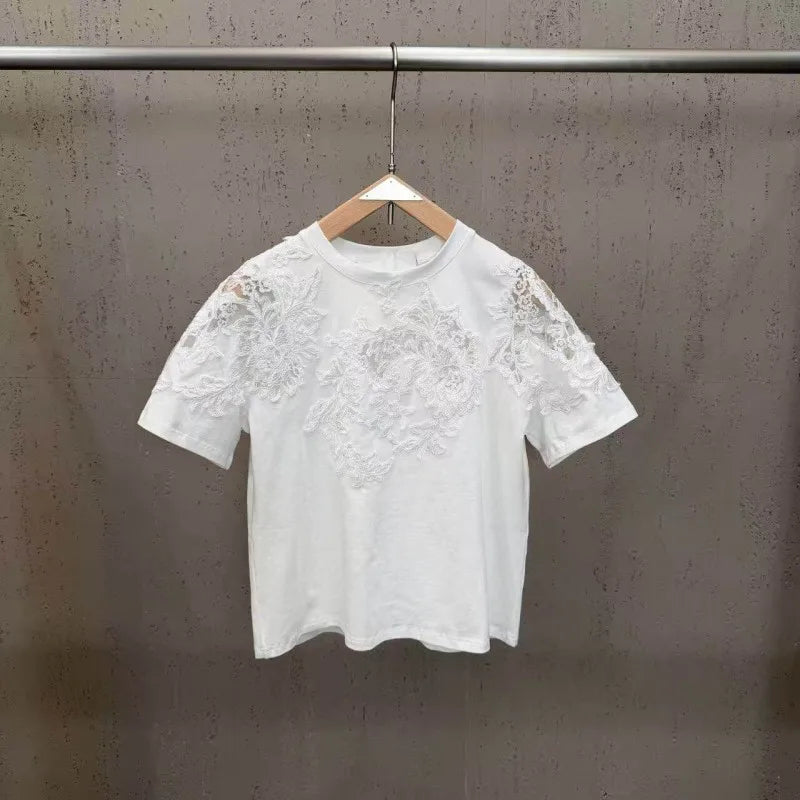 New 2026 Summer Women Casual T Shirts Short Sleeve Spliced Lace Embroidery Solid Color Ladies Fashion O Neck Pullover Tees Tops