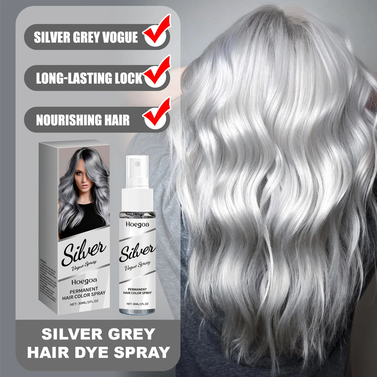 HOEGOA Silver Grey Hair Dye Spray Long-lasting Locking Color Plant Extract Formula Nourishing Roots Hair Care Prevent Dryness