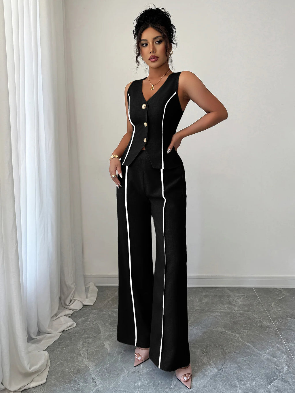 Elegant V-neck High-waisted Color-block Sleeveless Women's Suit For Spring/summer 2026 Dress Elegant Lace Maxi Beach