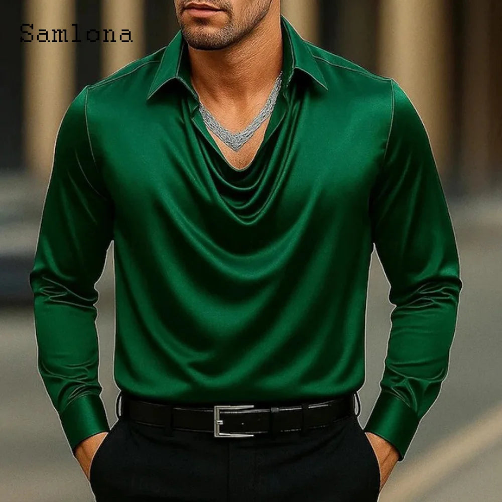 Men Long Sleeves Notched Shirt Clothing 2025 European Fashion Basic Top Solid Silver Gold Blouse Mens Casual V-neck Shirts Homme