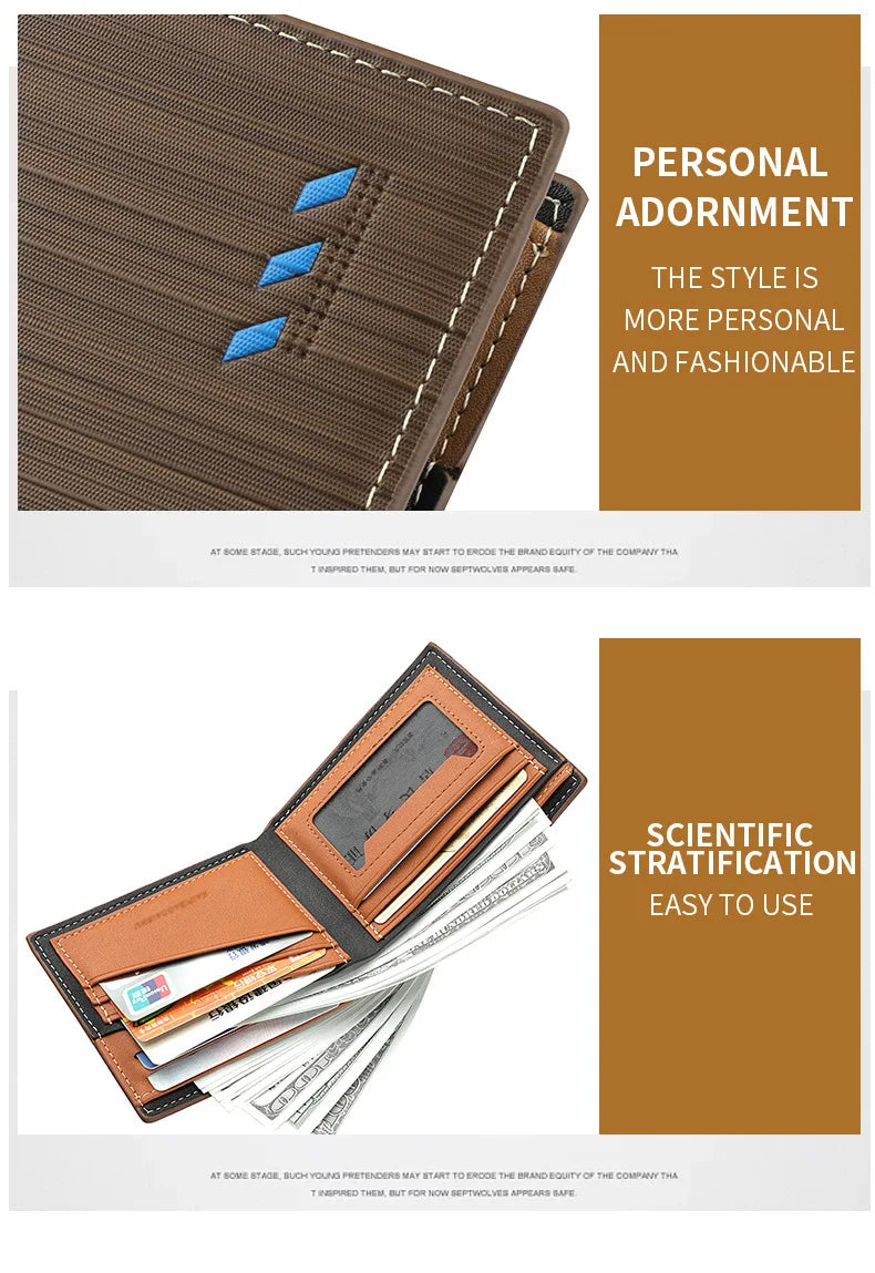 Business Men's Short Wallet Microfiber Synthetic Leather Short Wallets Men Stripe Male Purse Coin Pouch Multi-functional Cards