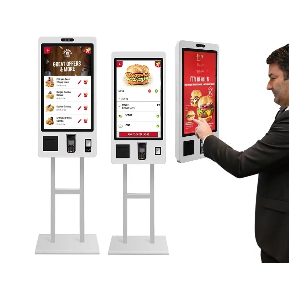 Restaurant 24 27 32 inch touch screen cashless POS fast food self-service order payment end point kiosk floor machine