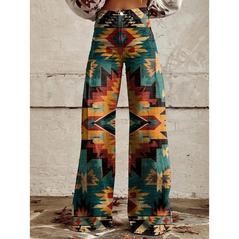 Pink Green Aztec Geometric Print High Waist Wide Leg Pants Cotton Casual Boho Trousers Vintage Women's Western Casual Trousers