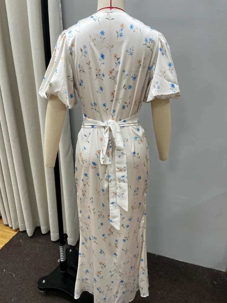 Printed Floral Print Elegant Long Dress For Women Short Sleeve V Neck Fashion Slim Dress Satin Commuting Banquet Female Dress