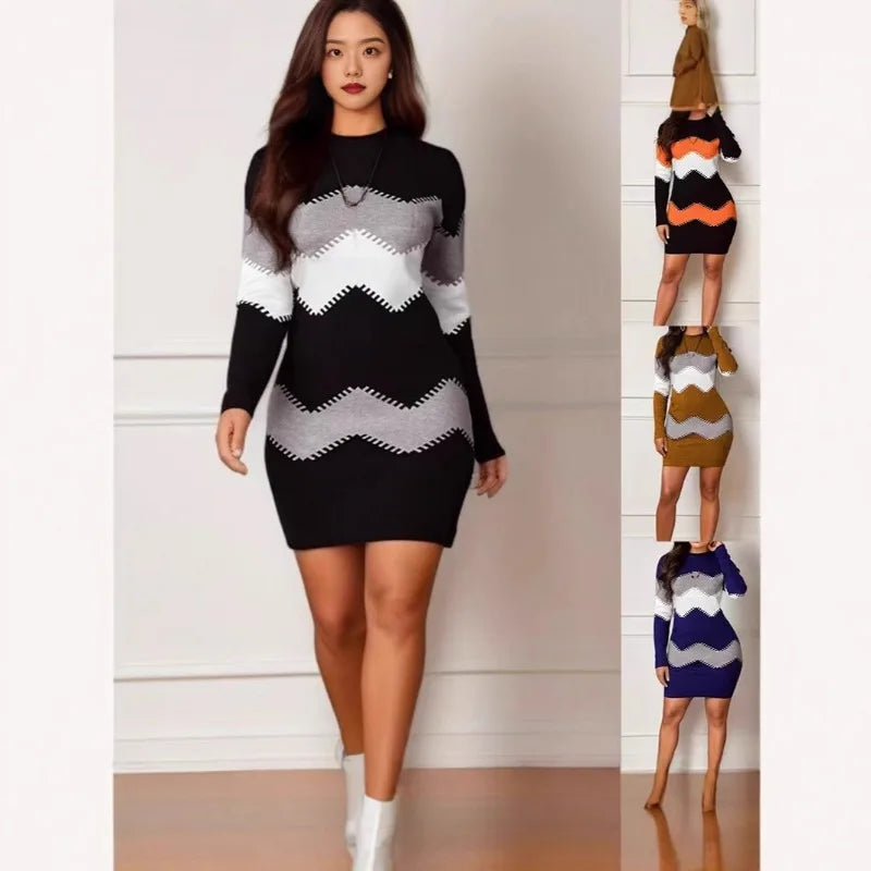 Round Neck Long Sleeve Print Knit Bodycon Midi Dress Women Casual Slim EU US Style Fall Winter Gown