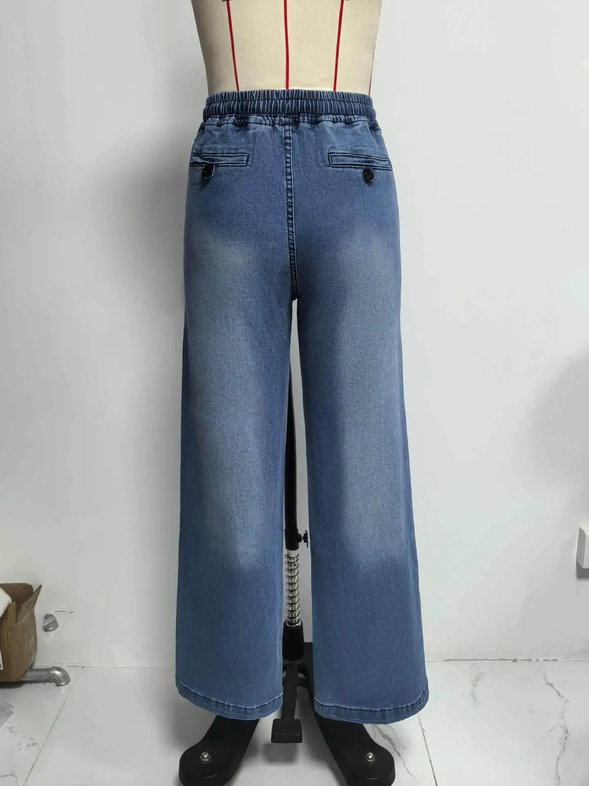 Chic High Waist Drawstring Denim Pants Women's Straight Wide Leg Jeans Fashion Trousers