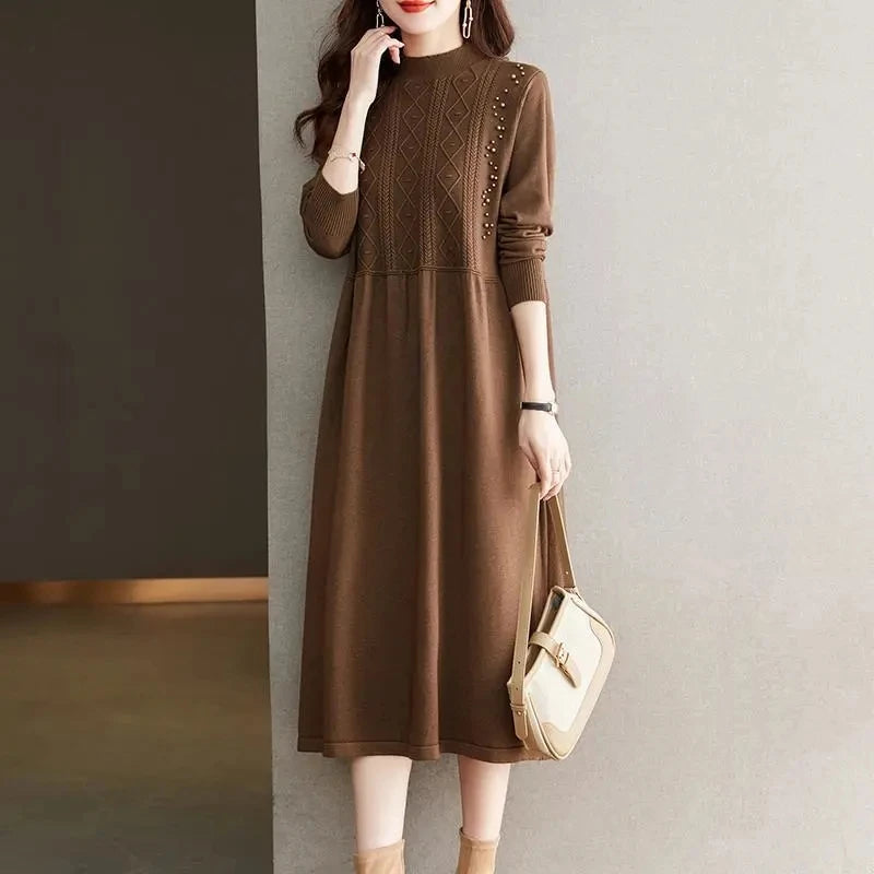 New Knitting Vestidos Women's 2024 Spring Autumn Mid Length Version Ladies Sweater Dress Temperament Lady Bottoming Skirt
