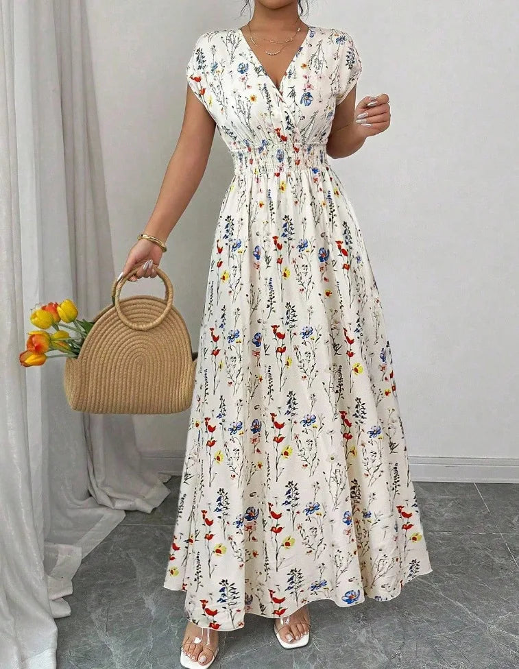 2026 Women's New Fashion Casual Daily Comfortable Elegant Lace-up Floral Print V-neck Short Sleeve Waist Women's Long Dress