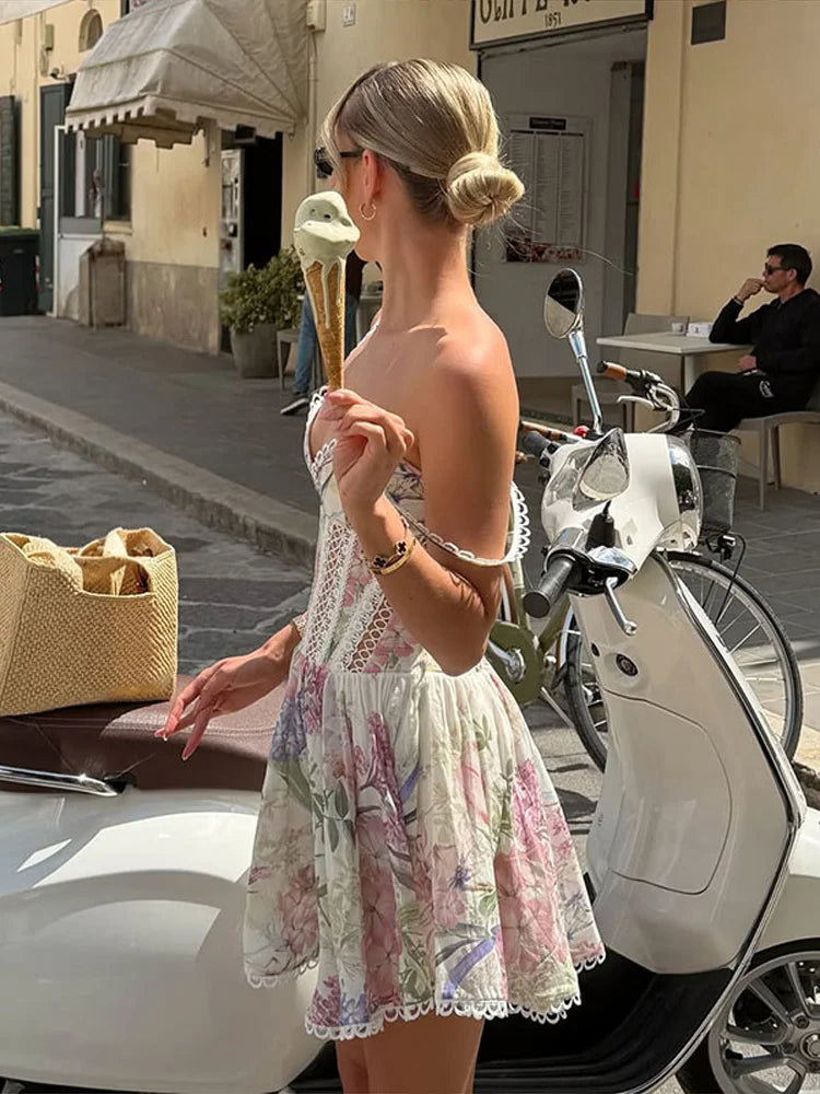 Sexy Printed Women's Dress V-neck Lace Hollow Out A-line Spaghetti Strap Pleated Lady Dresses 2026 Summer Chic Female Party Robe