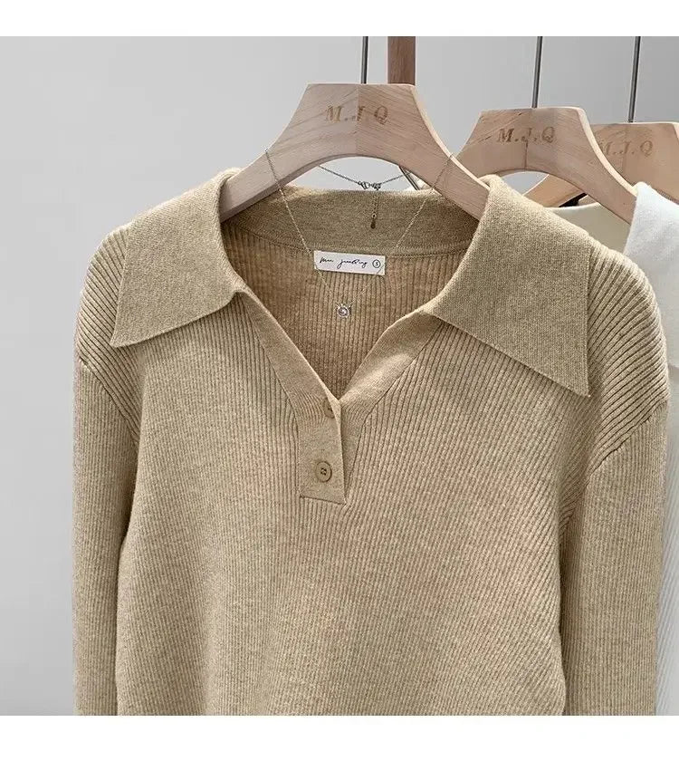 Polo Collar Knit Sweater Women Pullovers Casual Button Front Long Sleeve Rib-knit Jumper Chic Knitwear Trend Autumn Winter Tops