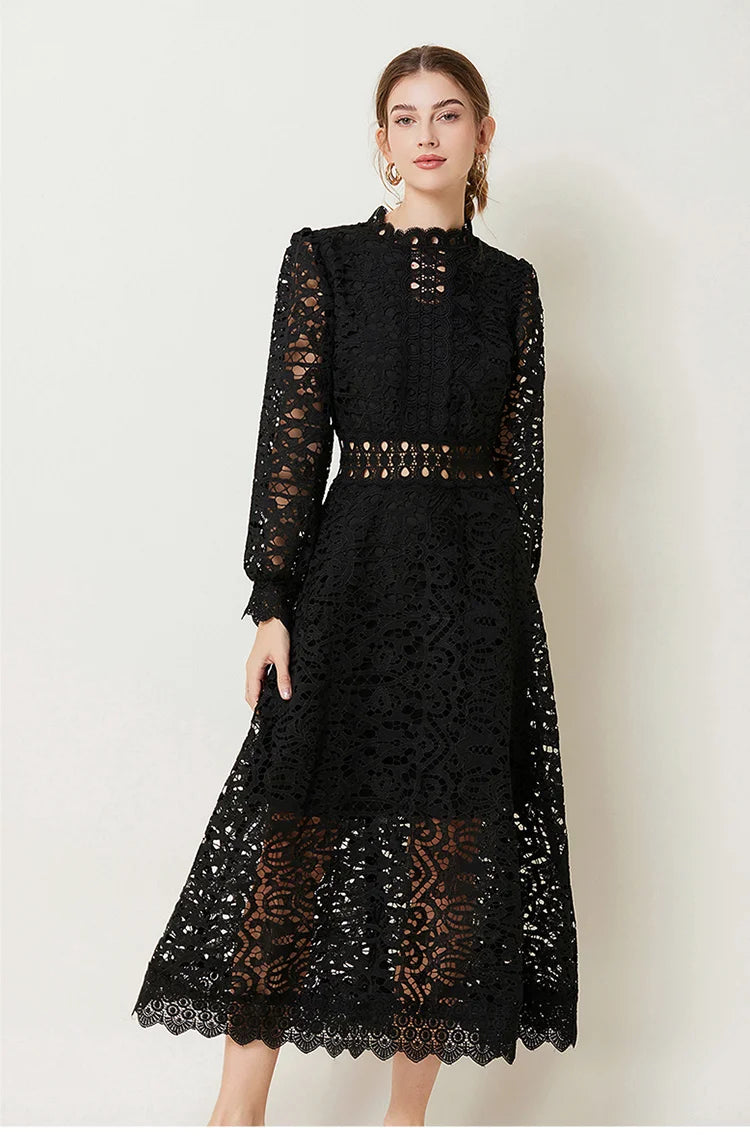 Solid Lace Holloe Out Slimming Elegant Dresses For Women Stand Collar Long Sleeve High Waist Minimalist Dress Female Fashion