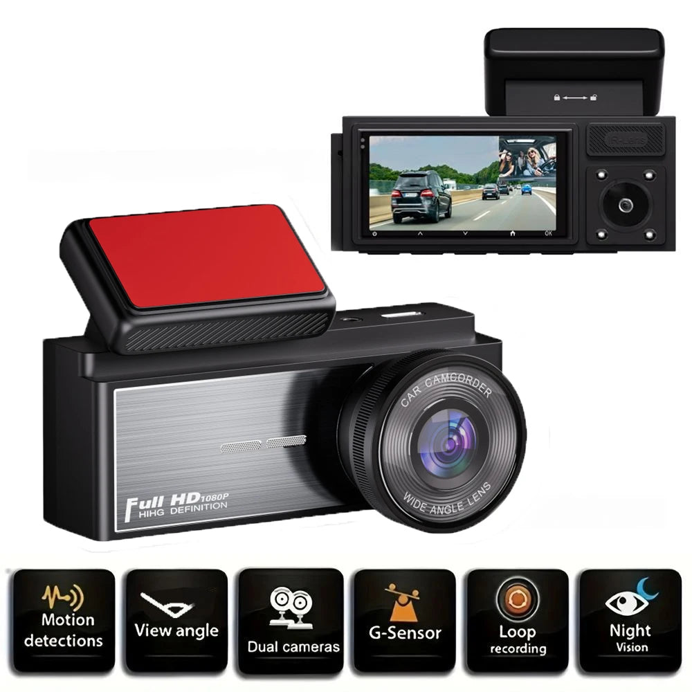 Three Camera Dash Camera, Front, Inside, and Rear Camera, Car Dash Cam, Wide Angle, HD Night Vision, Loop Recording, Car DVR
