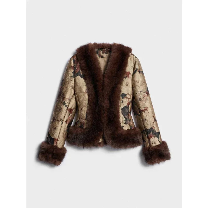 Floral Jacquard Faux Fur Trim Jacket V Neck Single Button Long Furry Cuff Cropped Coats 2026 Vintage Winter New Warm Party Coat