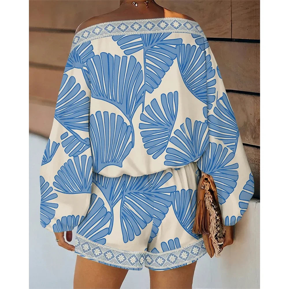 Women's Tropical Leaf Print 2 Piece Set Skew Neck Lantern Sleeve Top and Elastic Waist Shorts with Pockets & Lace