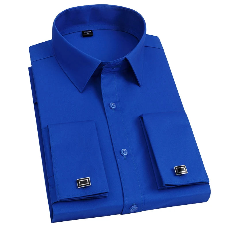 Men's Slim Fit French Cufflink Shirt Long Sleeves Double Cuff Solid Color High End Wedding Formal Dress Casual Men's Clothing
