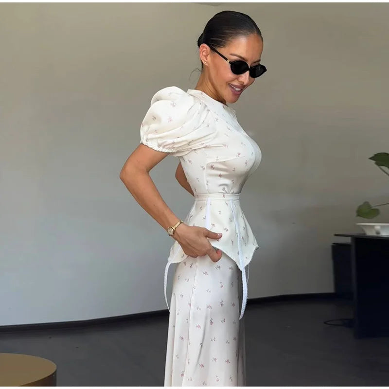 Elegant Women's Printed Waistband Stain Long Dress Slim Waist Cinched Bubble Sleeve Dresses 2026 Spring Summer Party Robes