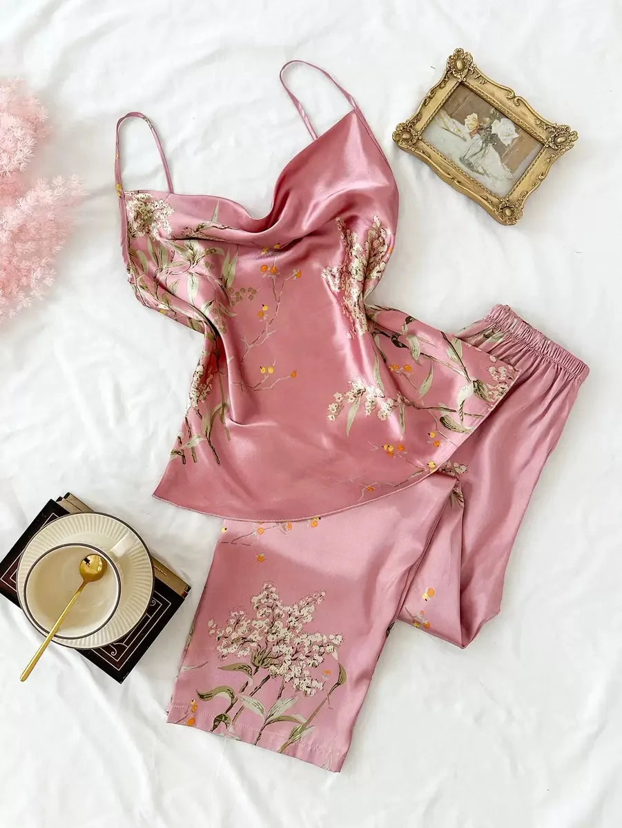 Sexy Simulated Silk Printed Camisole And Trousers Two-Piece Set Women's Home Wear Charming Floral Patterned Nightgown Outfit