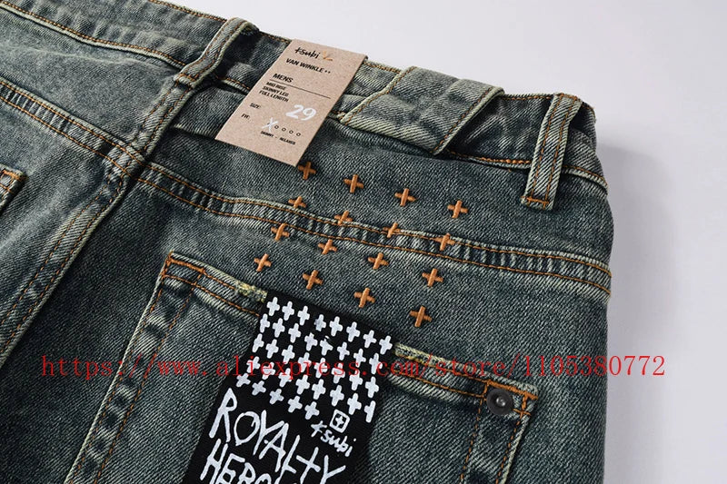 2026 Hot New Men's Blue Acid Washed Denim Shorts Distressed Ripped Embroidered Slim Fit Casual Shorts Streetwear Bottoms