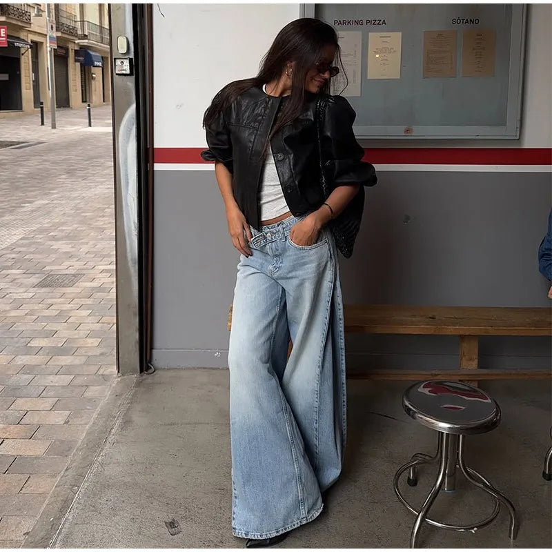 2026 Spring Low Waist Pleated Wide Leg Jeans Light Wash Raw Edge Double Waistband Casual Women Pants Trendy Y2K Lady Trousers